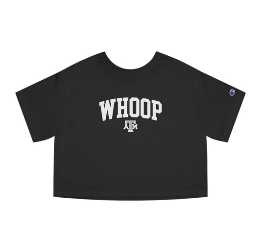 The Black Adult Womens Texas A&M Whoop Collegiate Crop Top lays flat on a white background. The ﻿Texas A&M Whoop Collegiate﻿ graphic is in bold White in a Varsity style.