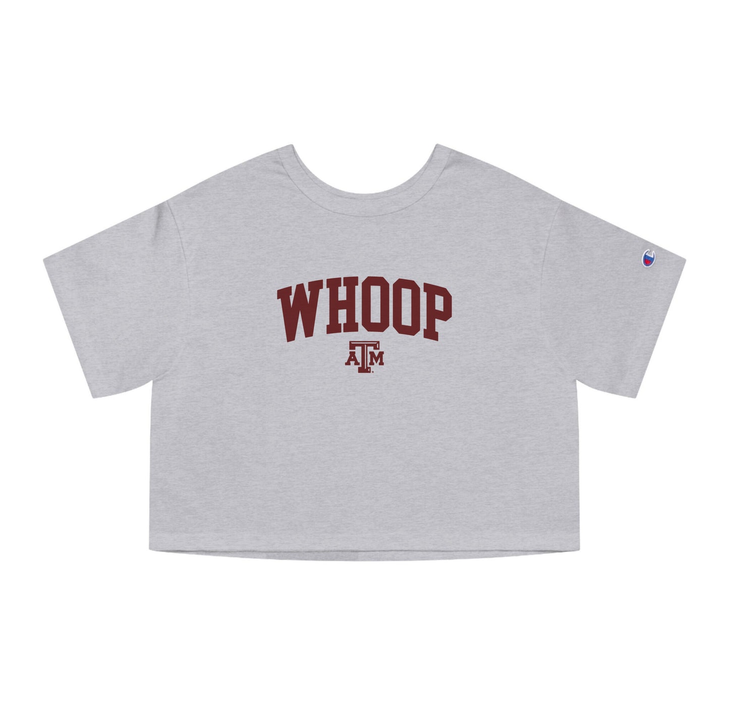 The Oxford Grey Adult Womens Texas A&M Whoop Collegiate Crop Top lays flat on a white background. The ﻿Texas A&M Whoop Collegiate﻿ graphic is in bold Maroon in a Varsity style.