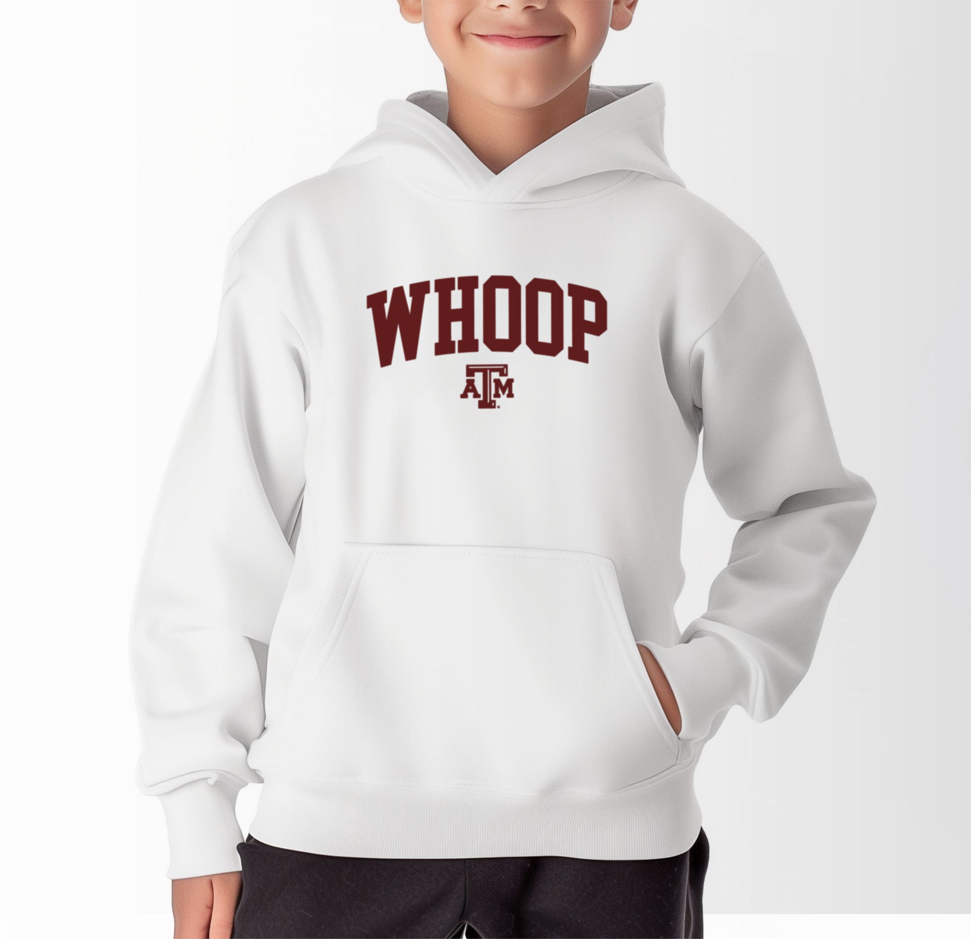 A model wears the White Youth Unisex Texas A&M Whoop Collegiate Hooded Sweatshirt.  The ﻿Texas A&M Whoop Collegiate﻿ graphic is in bold Maroon in a Varsity style.