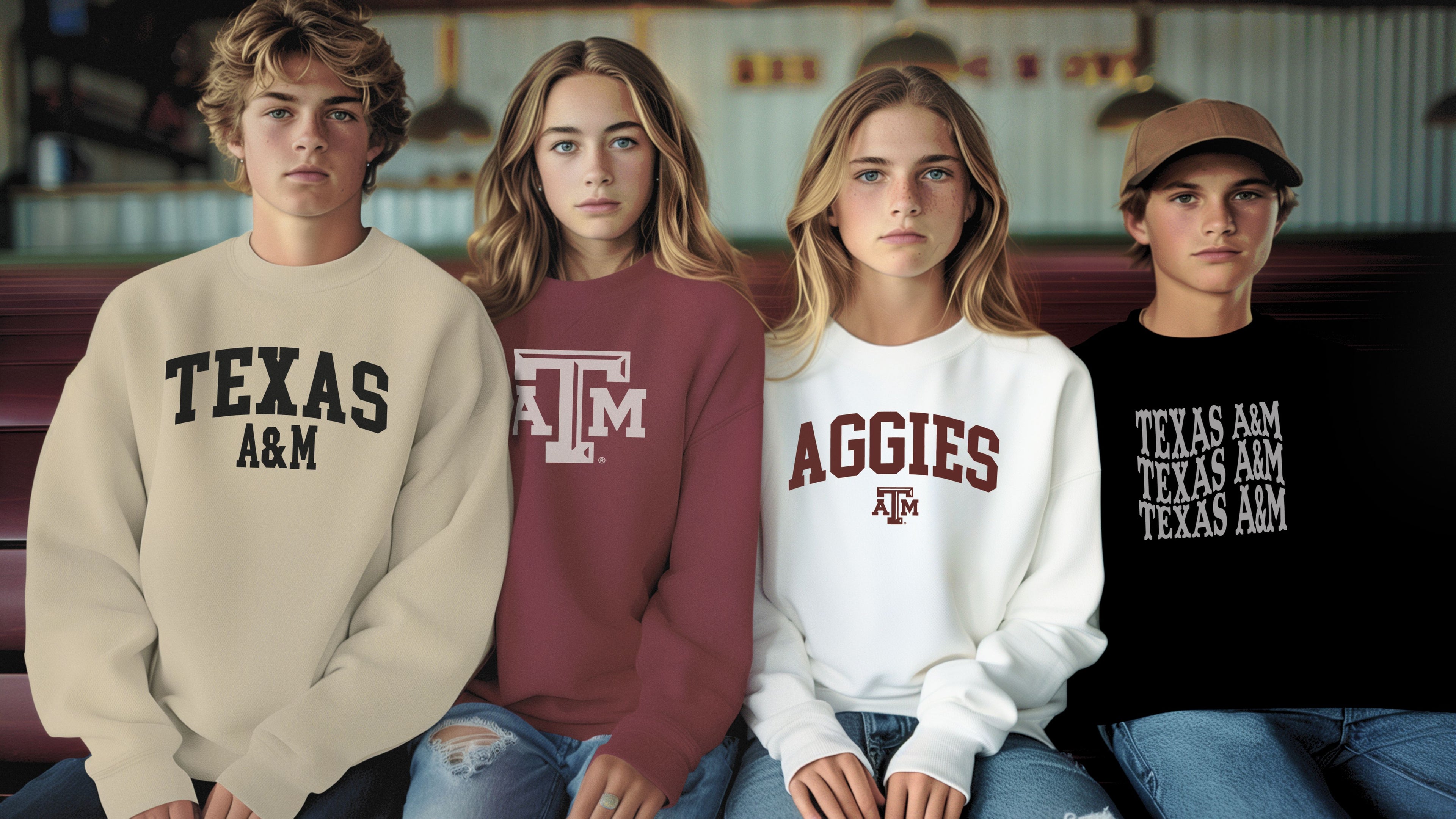 4 teenagers sit in Kyle Field wearing Texas A&M game day outfits. 