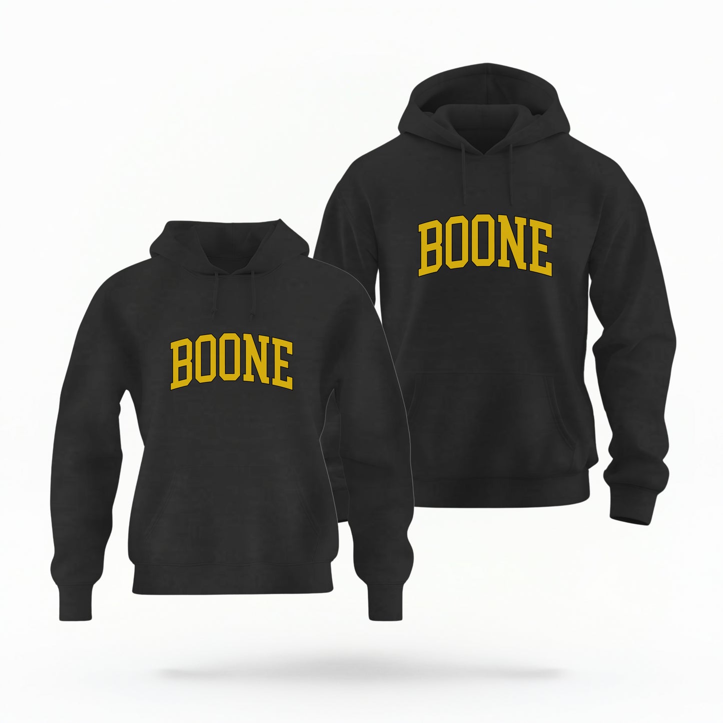 The Unisex Black Boone NC Varsity Hoodie Sweatshirt lays flat on a white background. The ﻿Boone NC Varsity﻿ graphic is in bold Black and Gold in a Varsity style.