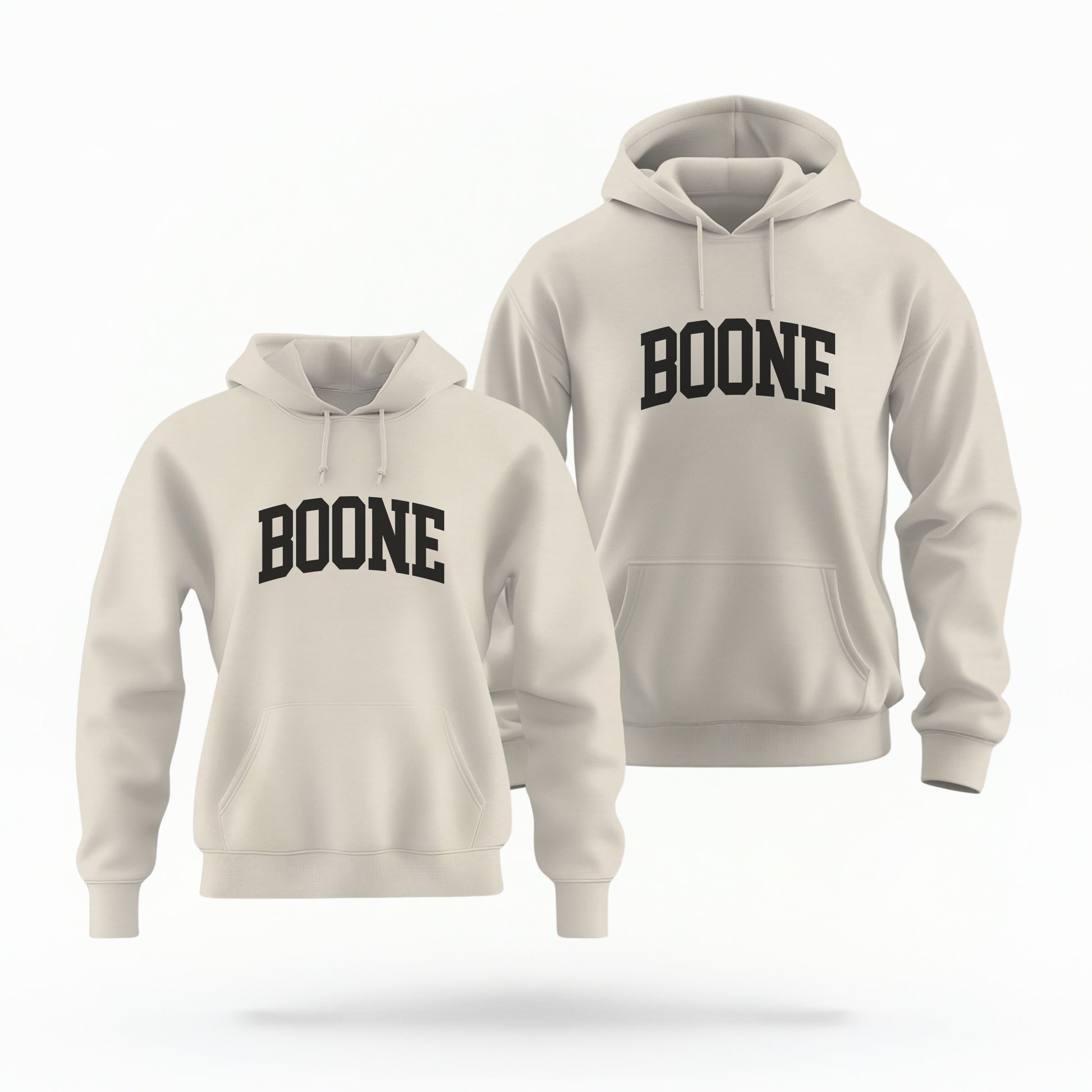 The Unisex Sand Boone NC Varsity Hoodie Sweatshirt lays flat on a white background. The ﻿Boone NC Varsity﻿ graphic is in bold Black and Gold in a Varsity style.