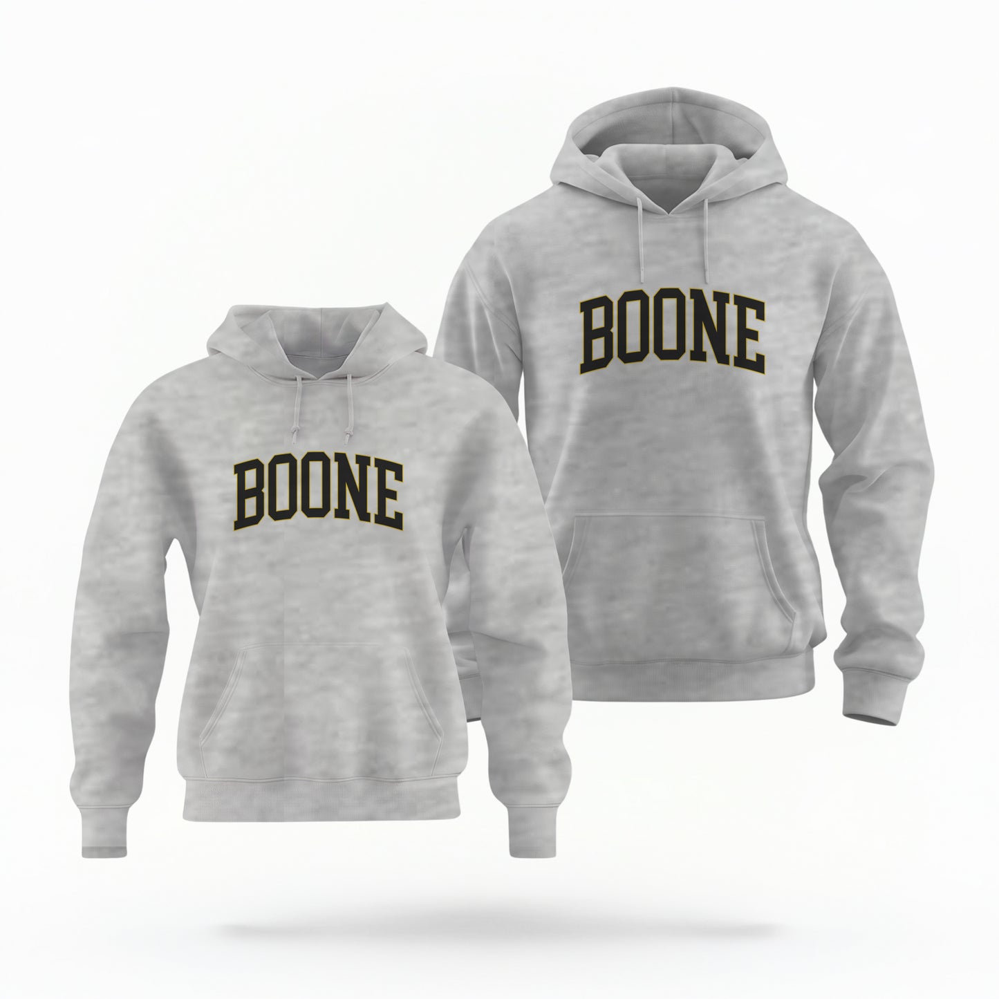 The Unisex Sport Grey Boone NC Varsity Hoodie Sweatshirt lays flat on a white background. The ﻿Boone NC Varsity﻿ graphic is in bold Black and Gold in a Varsity style.