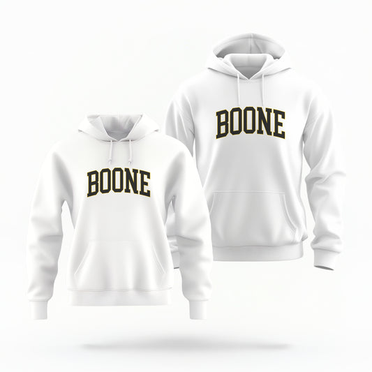 The Unisex White Boone NC Varsity Hoodie Sweatshirt lays flat on a white background. The ﻿Boone NC Varsity﻿ graphic is in bold Black and Gold in a Varsity style.