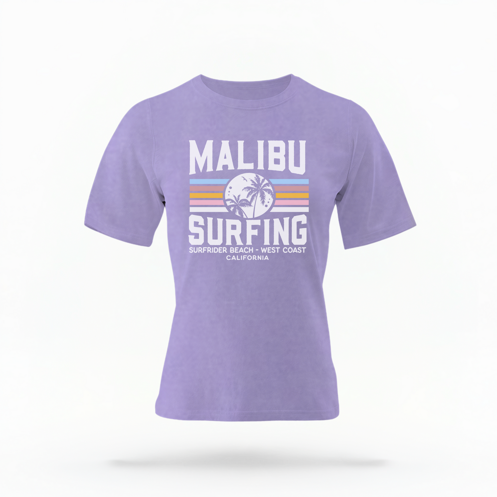 The Violet Adult Unisex Malibu California Surfing Comfort Colors T-shirt lays flat on a white background. The ﻿Malibu California Surfing﻿ graphic is in bold Lifestyle in a Multicolor style.