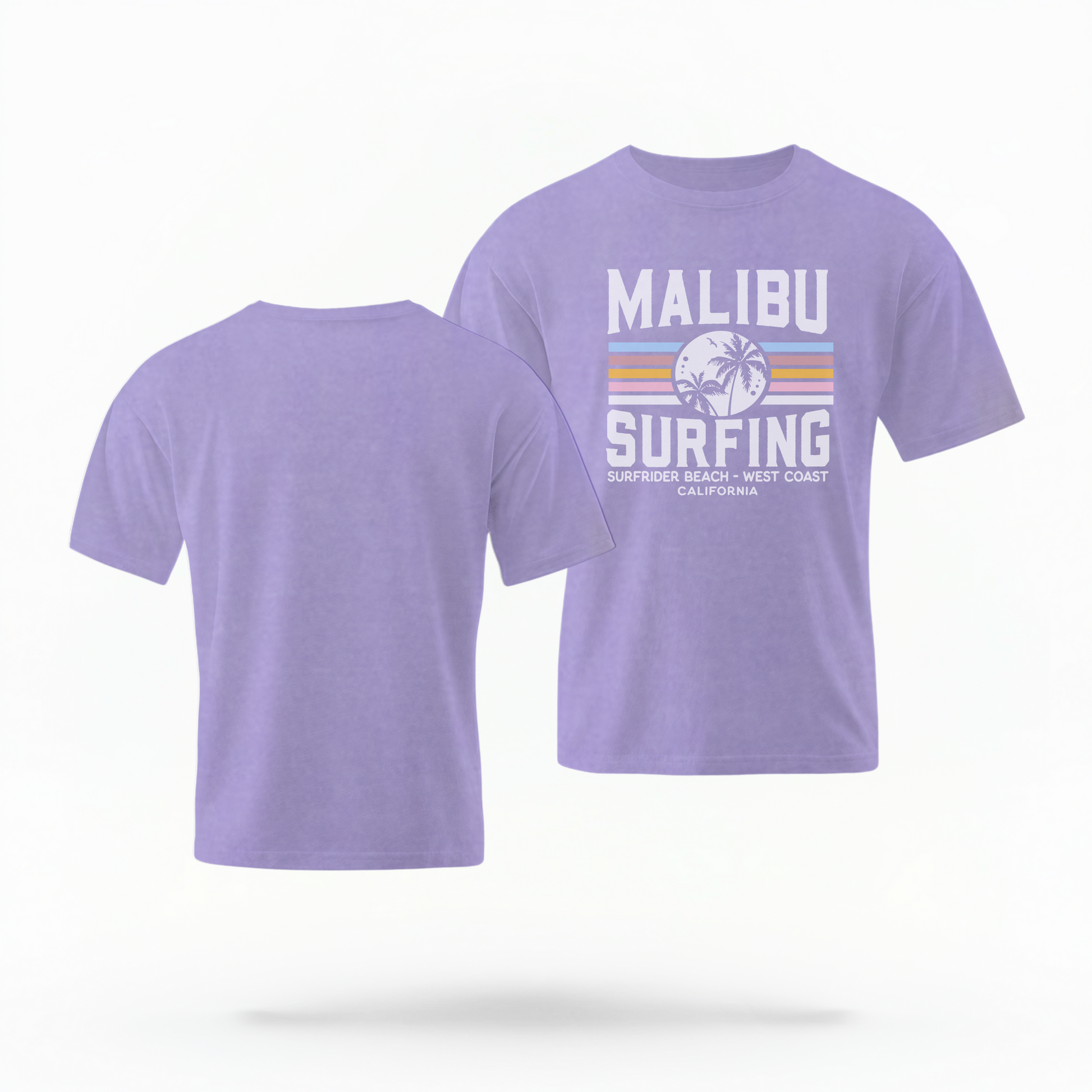 The Violet Adult Unisex Malibu California Surfing Comfort Colors T-shirt lays flat on a white background. The ﻿Malibu California Surfing﻿ graphic is in bold Lifestyle in a Multicolor style.