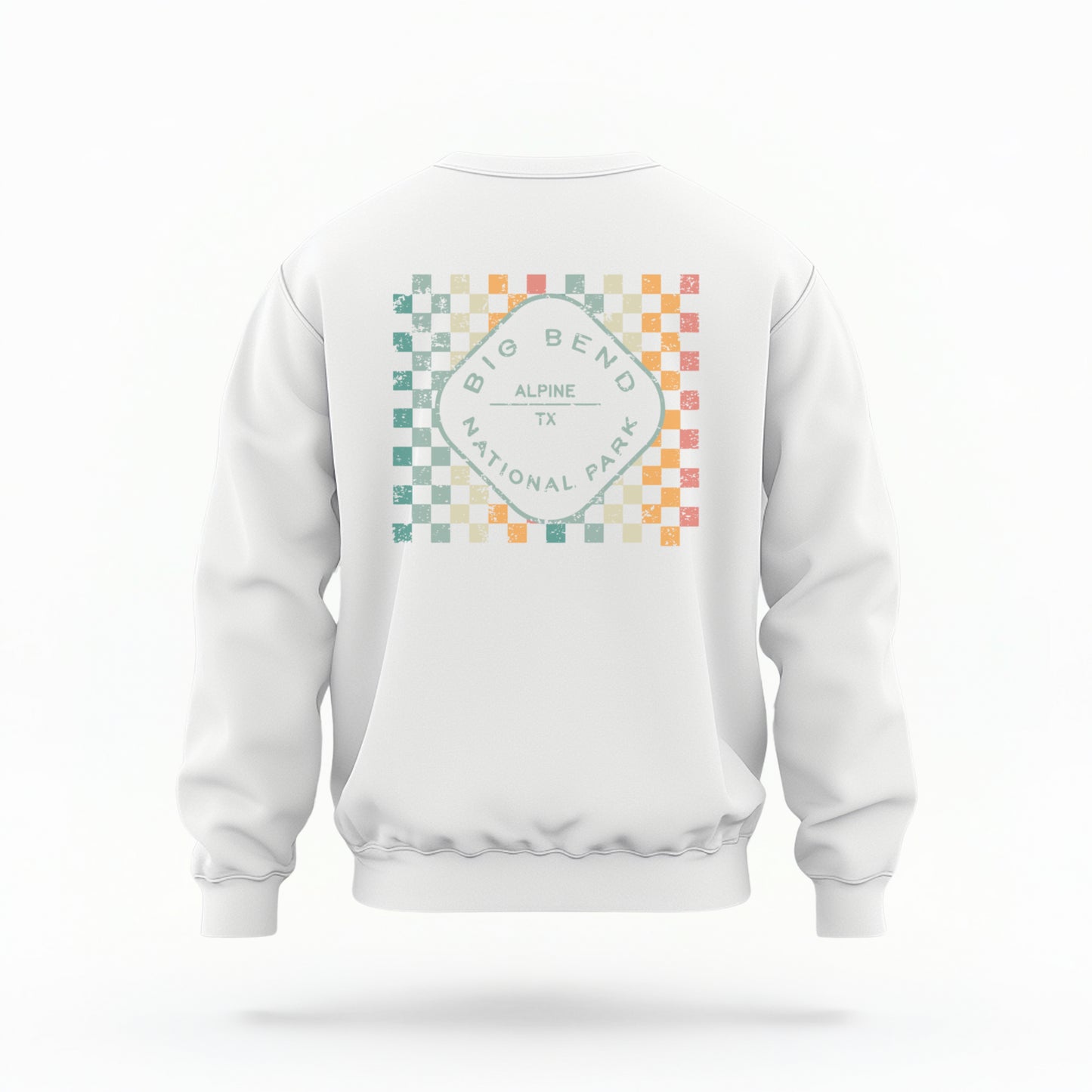 A model wears the White Big Bend Retro Typography Crewneck Sweatshirt.  The ﻿Big Bend Retro Typography﻿ graphic is in bold Multicolor in a Retro style.