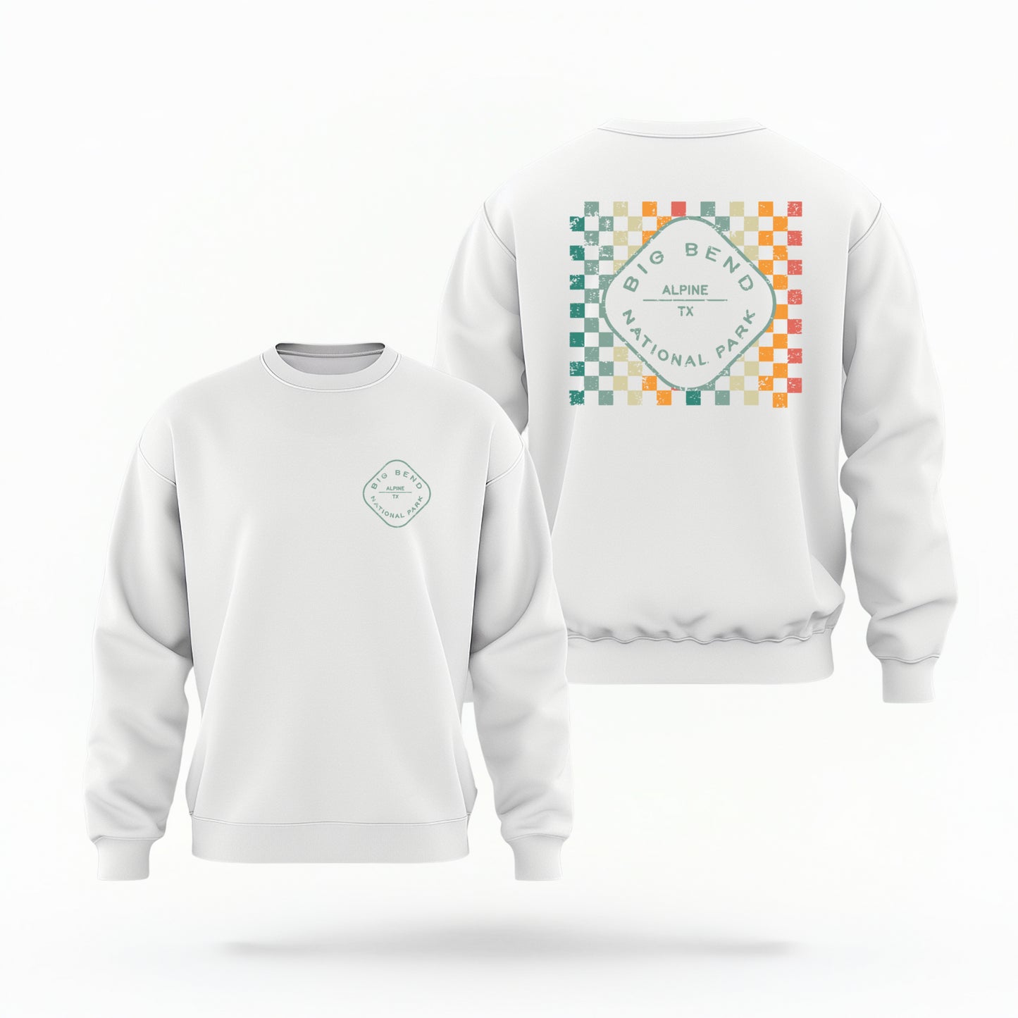 The White Big Bend Retro Typography Crewneck Sweatshirt lays flat on a white background. The ﻿Big Bend Retro Typography﻿ graphic is in bold Multicolor in a Retro style.