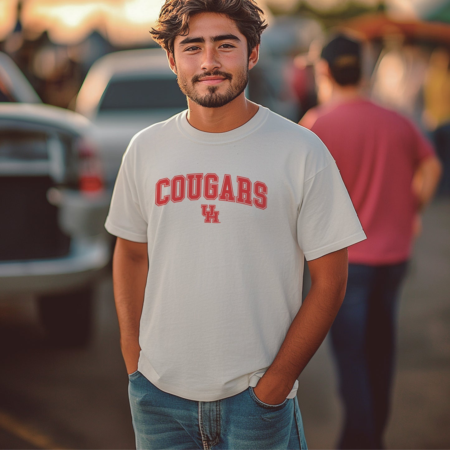 A model wears the Houston Cougars t-shirt. 