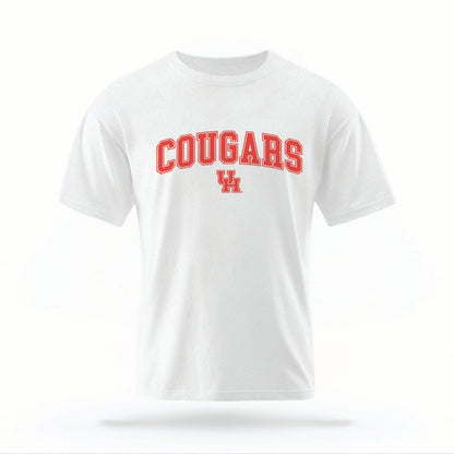 The white Cougars UH Varsity t-shirt lays flat on a white background. The ﻿Cougars UH Varsity graphic is in bold red in a scripted font style.