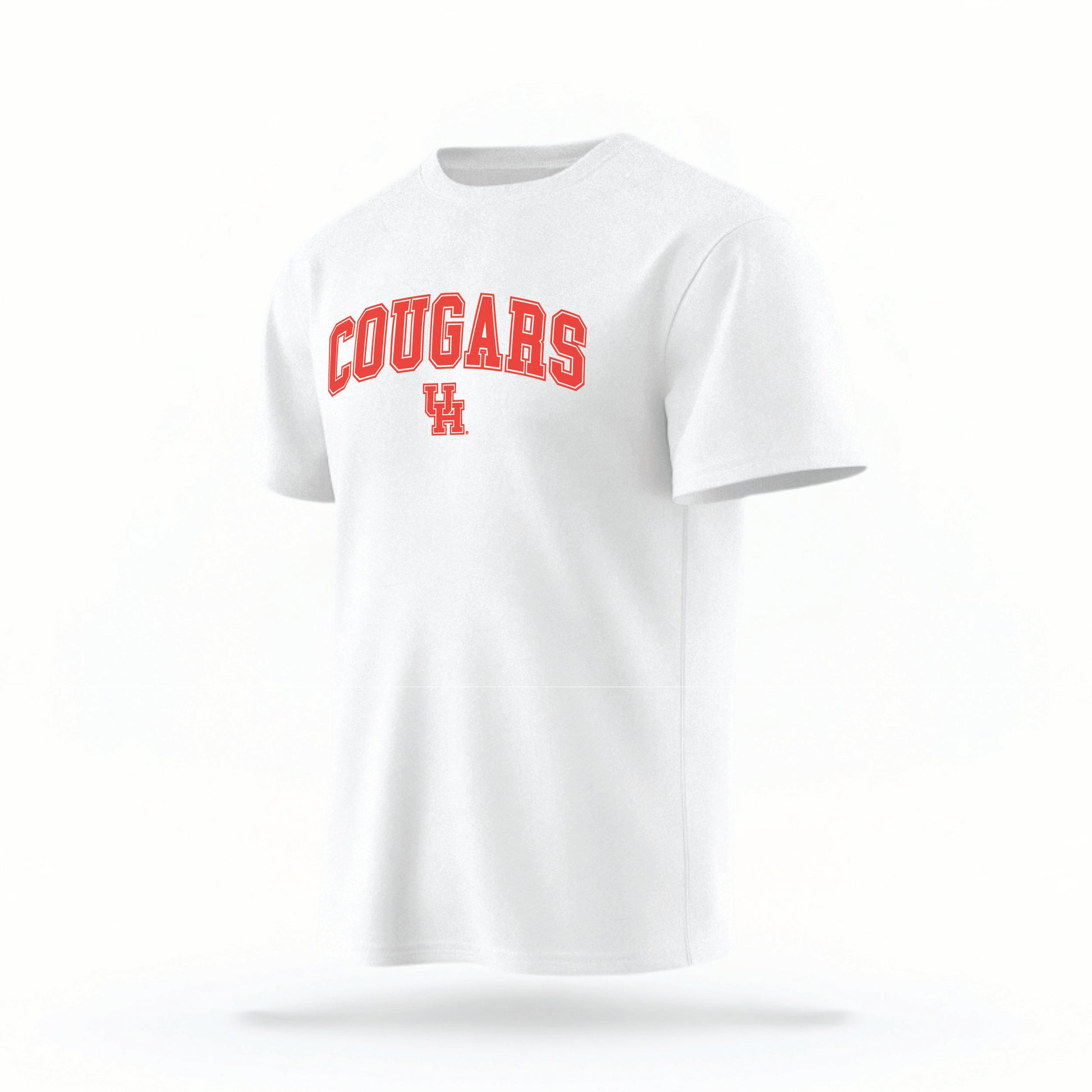 The white Cougars UH Varsity t-shirt lays flat on a white background. The ﻿Cougars UH Varsity graphic is in bold red in a scripted font style.