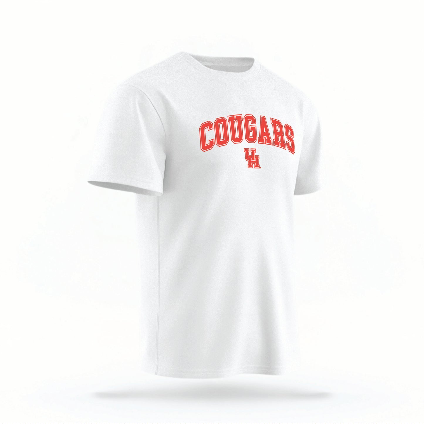 The white Cougars UH Varsity t-shirt lays flat on a white background. The ﻿Cougars UH Varsity graphic is in bold red in a scripted font style.