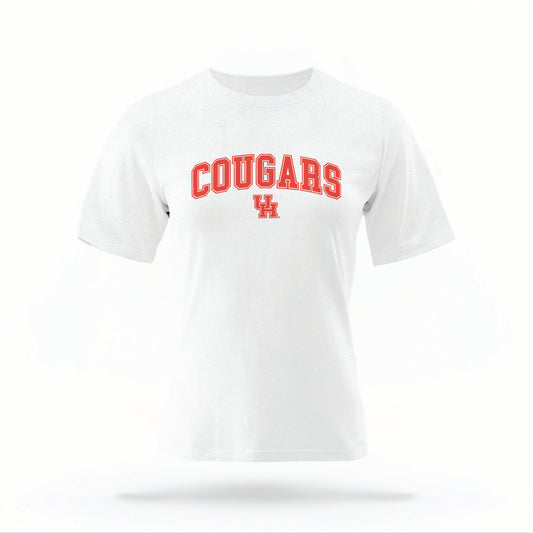 The white Cougars UH Varsity t-shirt lays flat on a white background. The ﻿Cougars UH Varsity graphic is in bold red in a scripted font style.