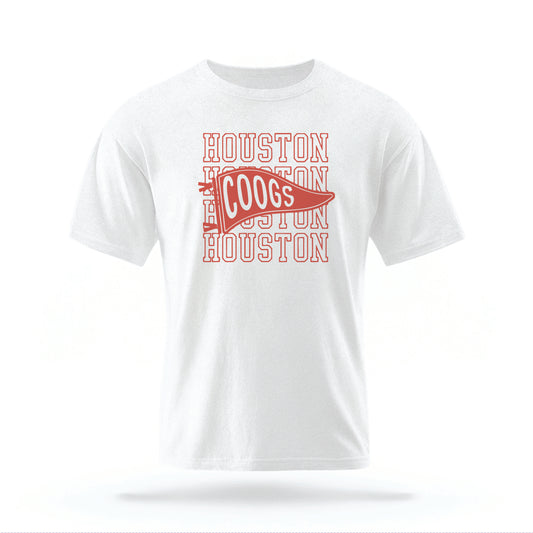 The White Houston Cougars t-shirt lays flat on a white background. 