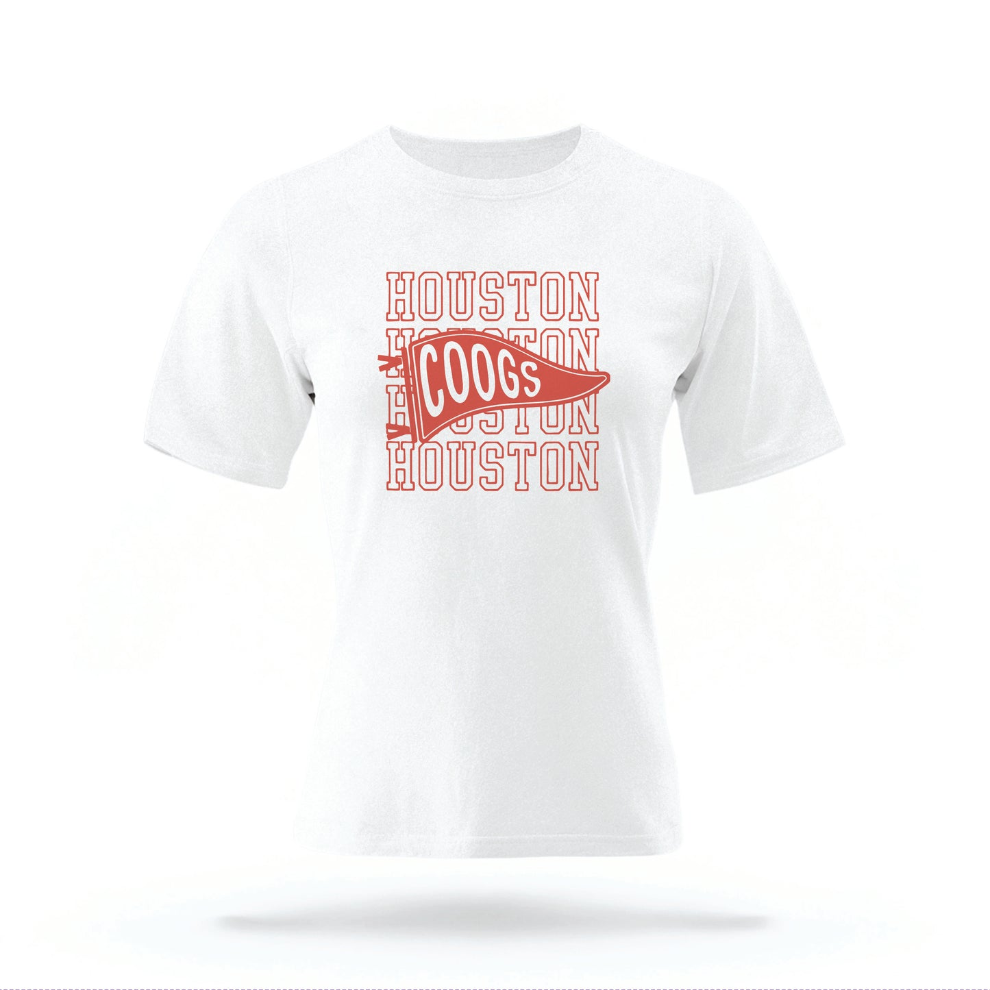 The White Houston Cougars t-shirt lays flat on a white background. 