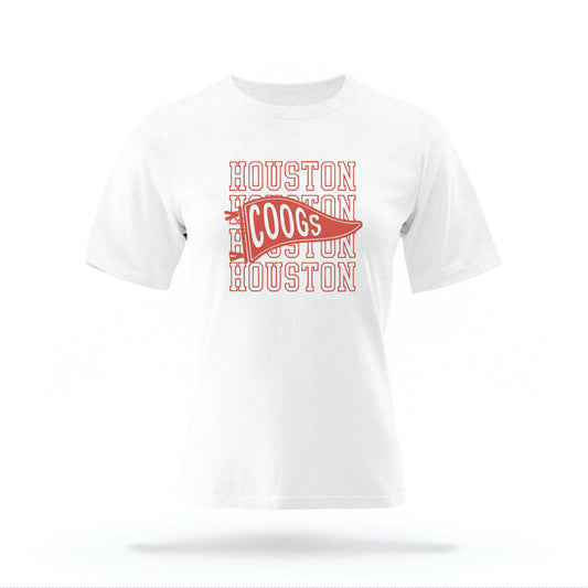 The White Houston Cougars t-shirt lays flat on a white background. 