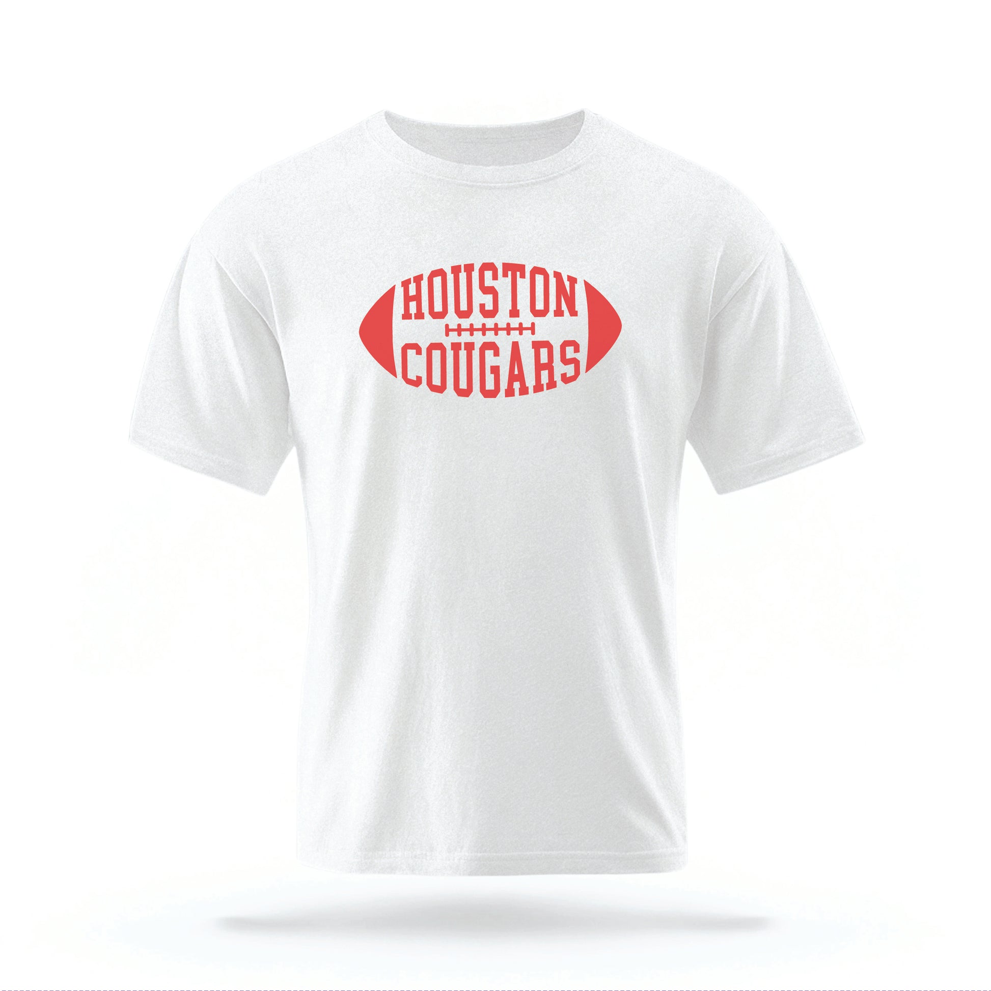 The White Houston Cougars t-shirt lays flat on a white background. 