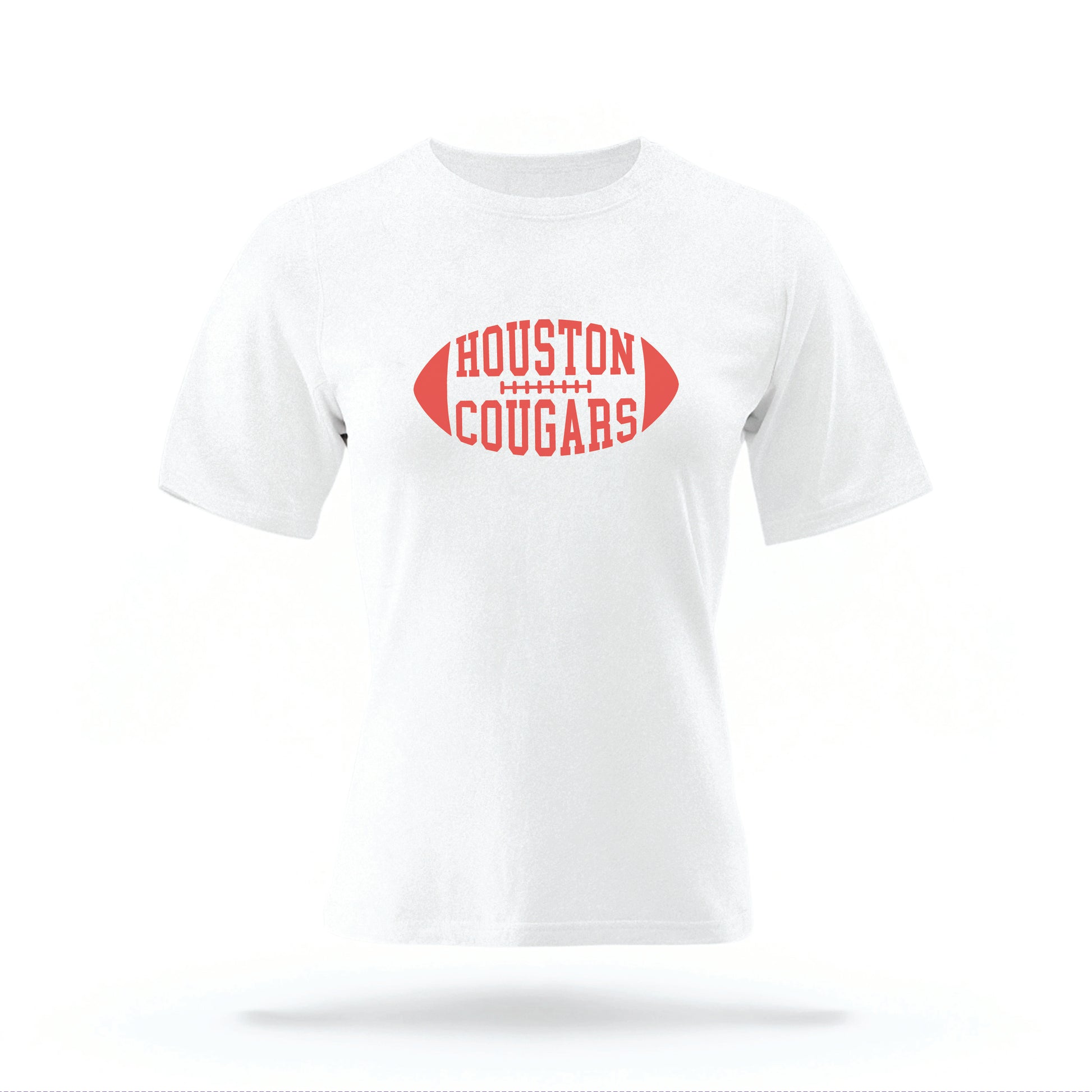 The White Houston Cougars t-shirt lays flat on a white background. 