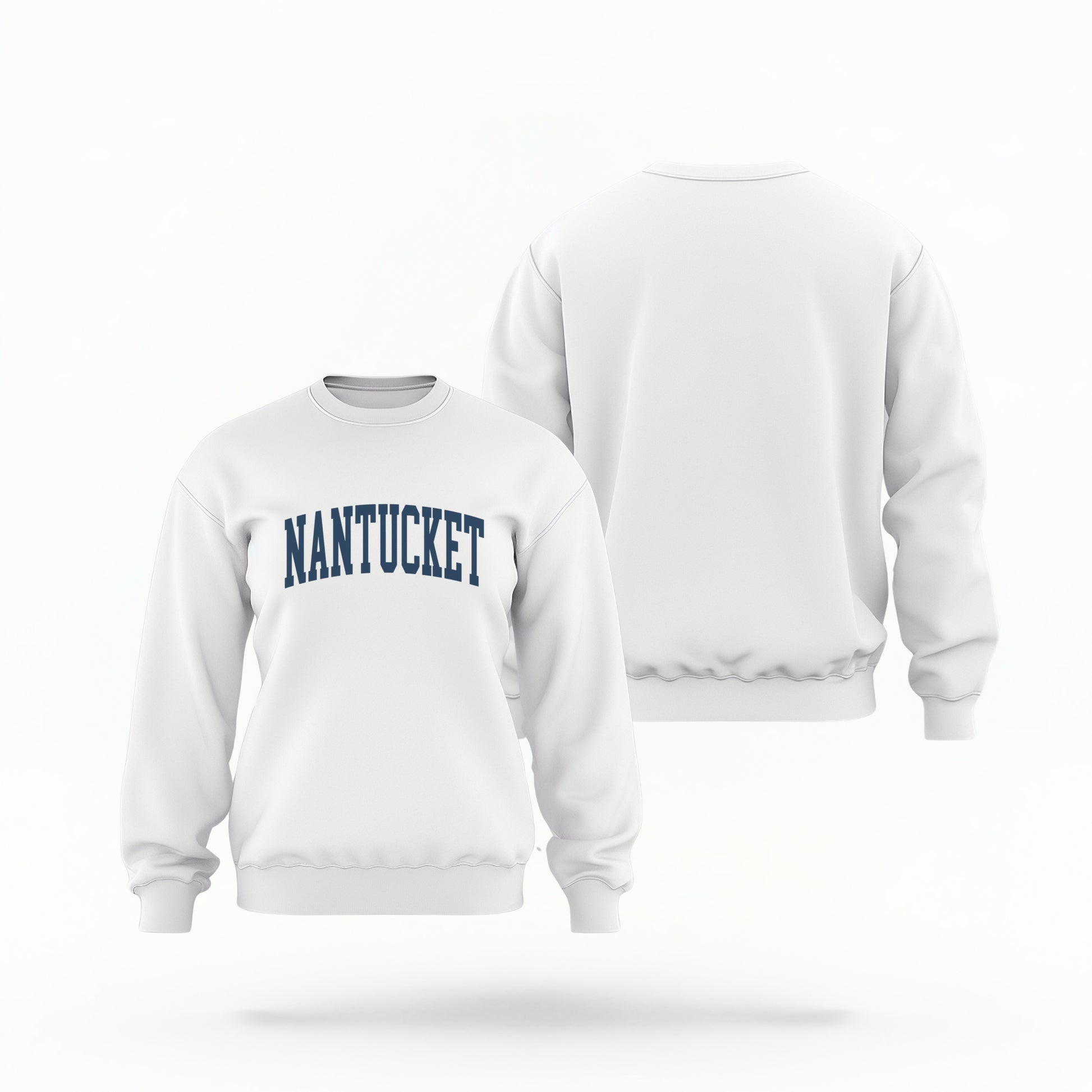 The white Unisex Nantucket Varsity Crewneck Sweatshirt lays flat on a white background. The Nantucket graphic is in bold navy and varsity offset style.