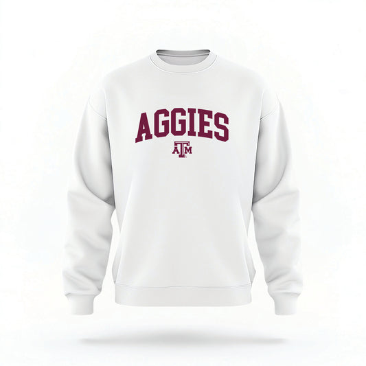 The White Unisex Texas A&M Aggies Collegiate Crewneck Sweatshirt lays flat on a white background. The ﻿Texas A&M Aggies Collegiate﻿ graphic is in bold Maroon in a Collegiate style.