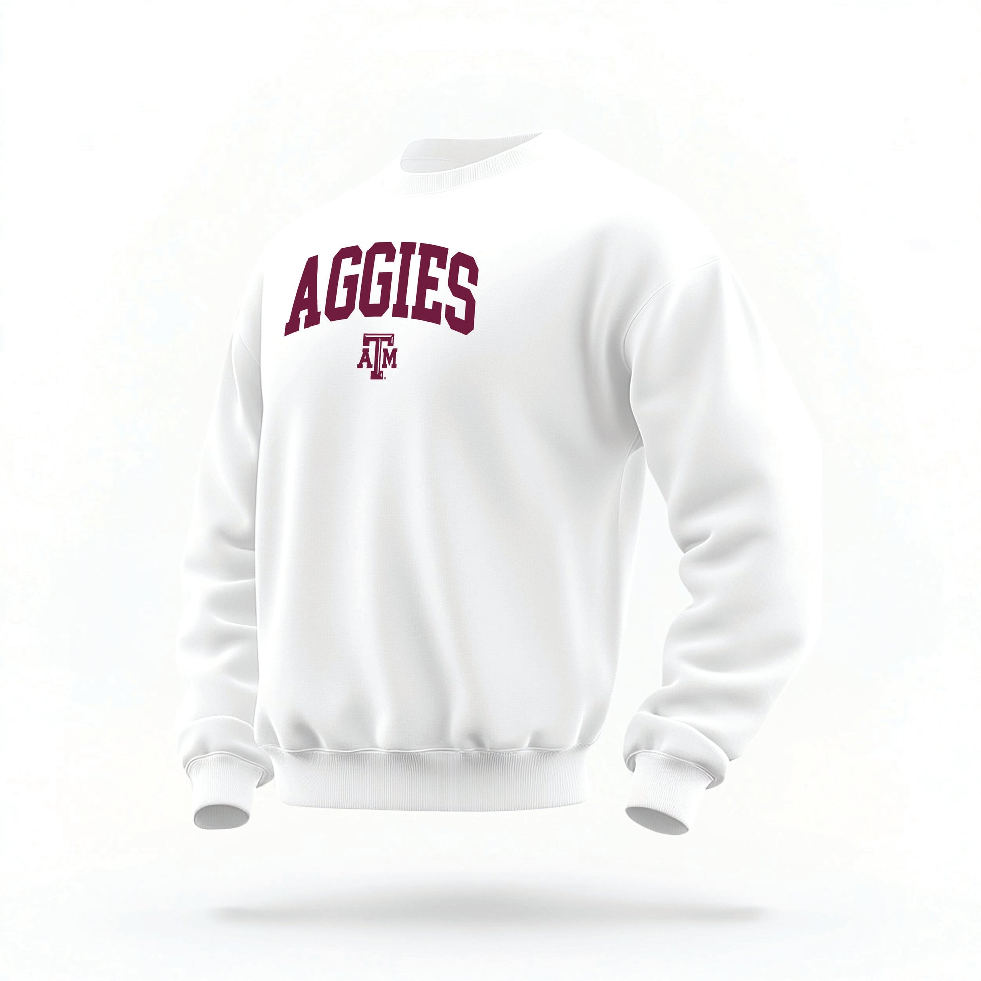 The White Unisex Texas A&M Aggies Collegiate Crewneck Sweatshirt lays flat on a white background. The ﻿Texas A&M Aggies Collegiate﻿ graphic is in bold Maroon in a Collegiate style.