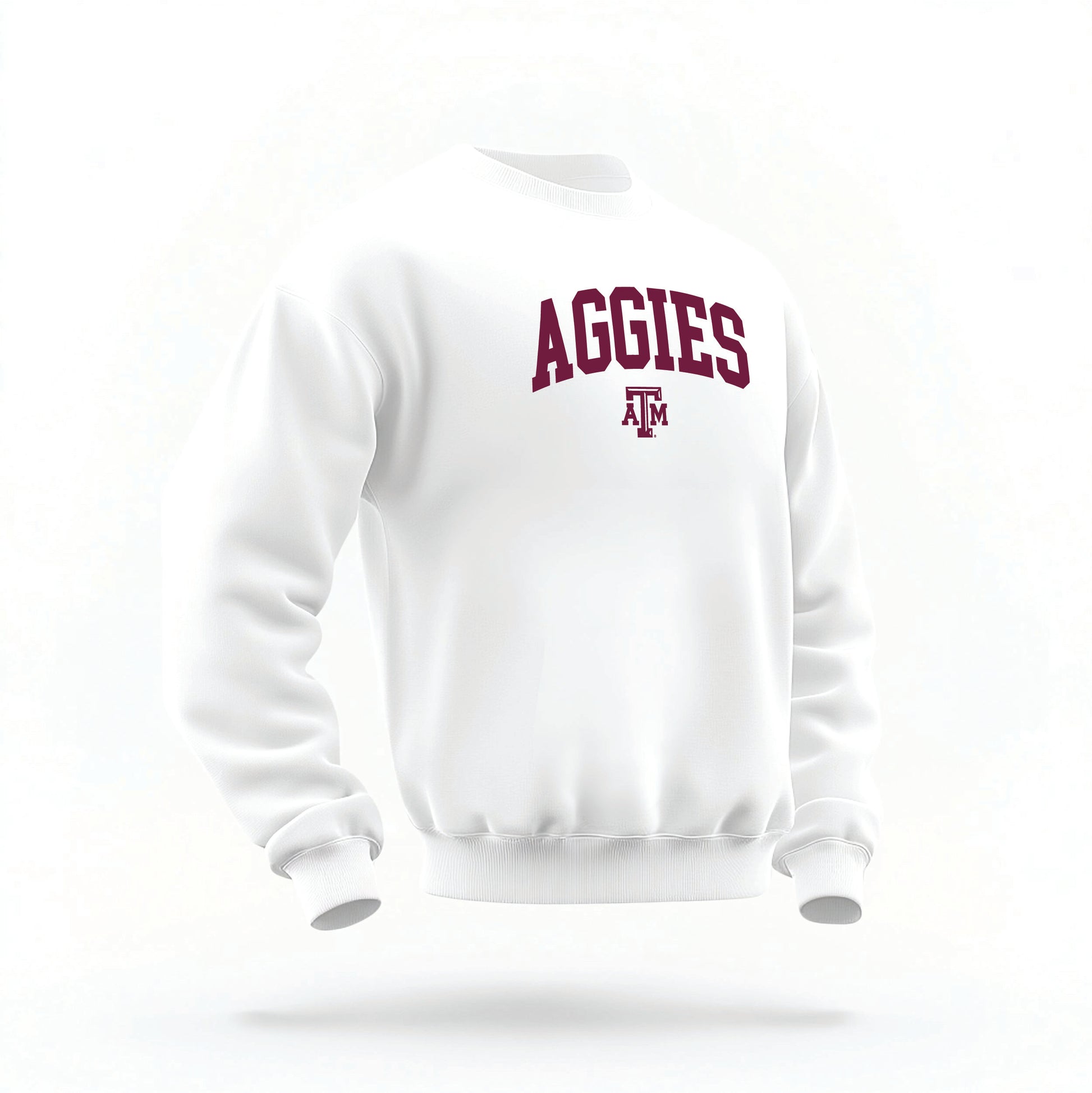 The White Unisex Texas A&M Aggies Collegiate Crewneck Sweatshirt lays flat on a white background. The ﻿Texas A&M Aggies Collegiate﻿ graphic is in bold Maroon in a Collegiate style.