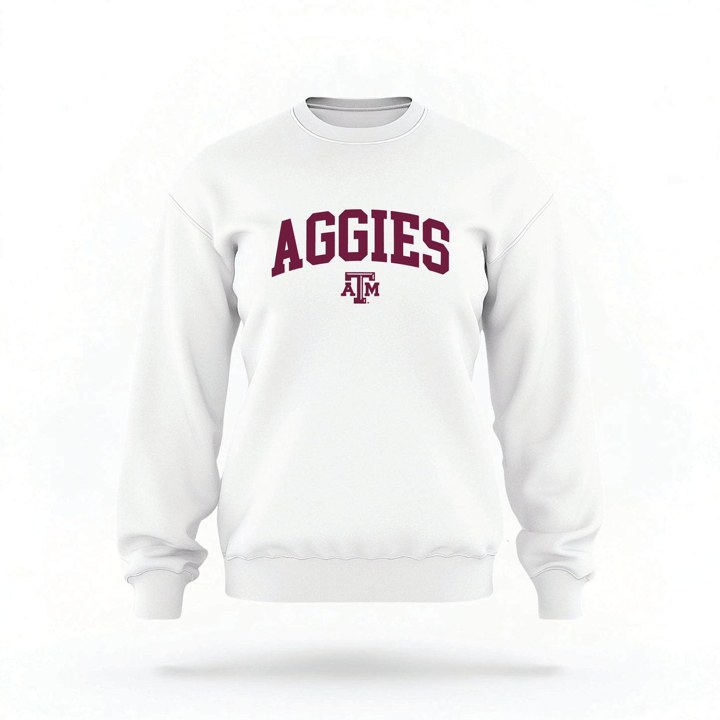 The White Unisex Texas A&M Aggies Collegiate Crewneck Sweatshirt lays flat on a white background. The ﻿Texas A&M Aggies Collegiate﻿ graphic is in bold Maroon in a Collegiate style.