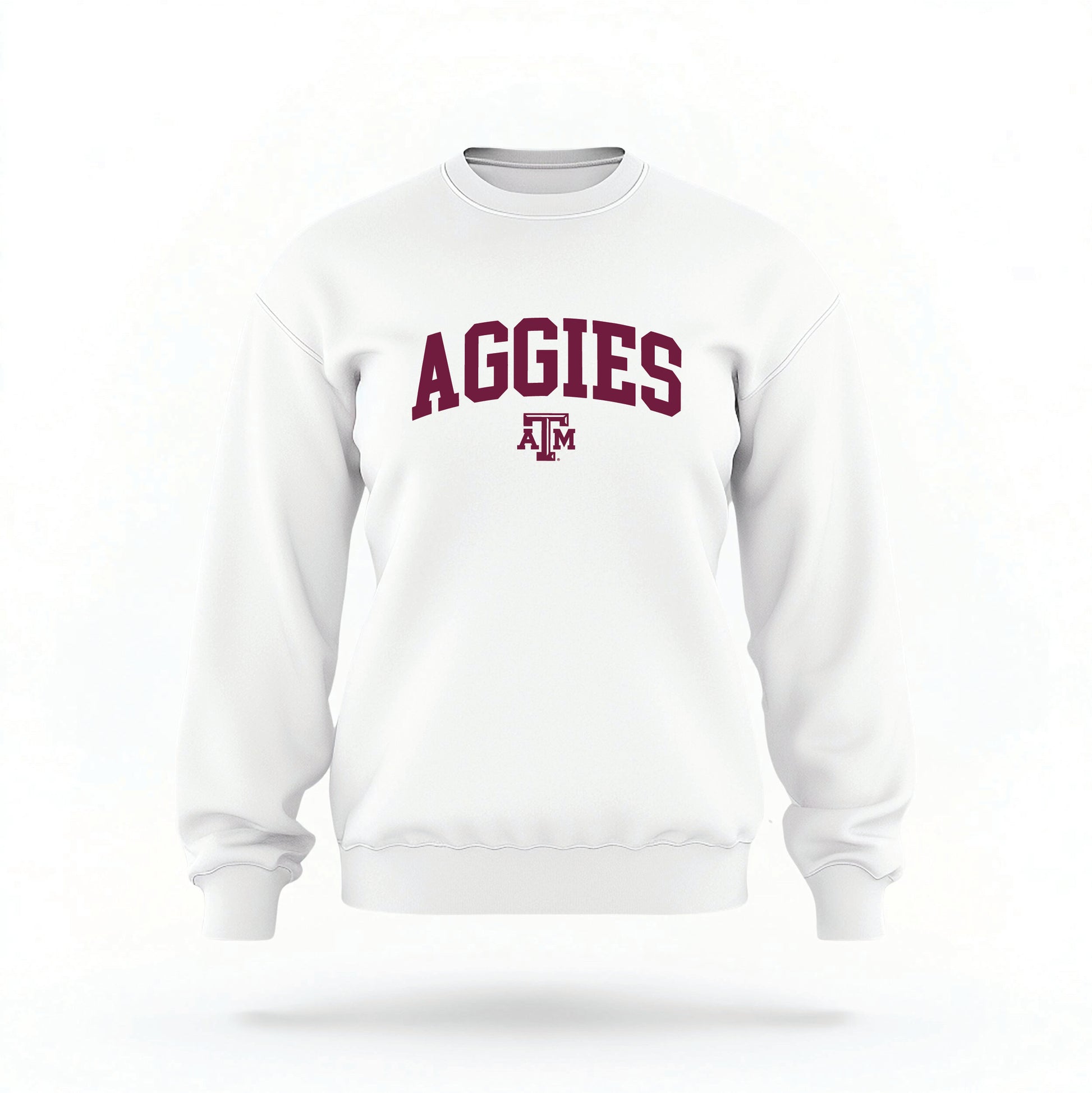 The White Unisex Texas A&M Aggies Collegiate Crewneck Sweatshirt lays flat on a white background. The ﻿Texas A&M Aggies Collegiate﻿ graphic is in bold Maroon in a Collegiate style.