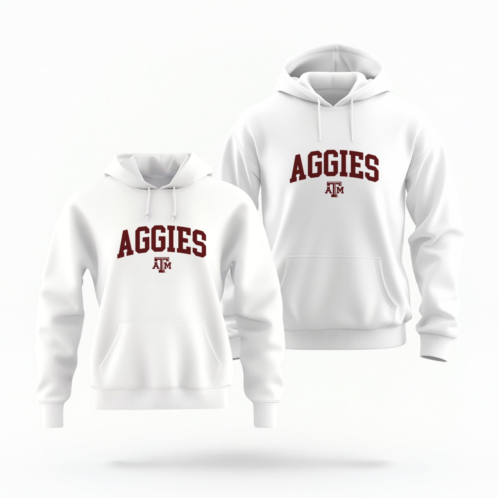 The White Adult Unisex Texas A&M Aggies Collegiate Hooded Sweatshirt lays flat on a white background. The ﻿Texas A&M Aggies Collegiate﻿ graphic is in bold Maroon in a Varsity style.