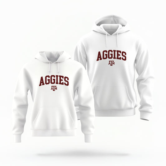 The White Adult Unisex Texas A&M Aggies Collegiate Hooded Sweatshirt lays flat on a white background. The ﻿Texas A&M Aggies Collegiate﻿ graphic is in bold Maroon in a Varsity style.