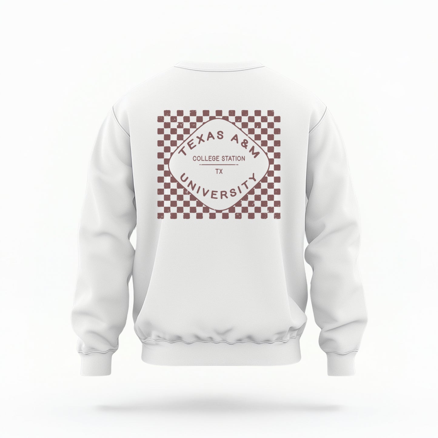 The White Texas A&m Retro Typography Crewneck Sweatshirt lays flat on a white background. The ﻿Texas A&m Retro Typography﻿ graphic is in bold Maroon in a Retro style.