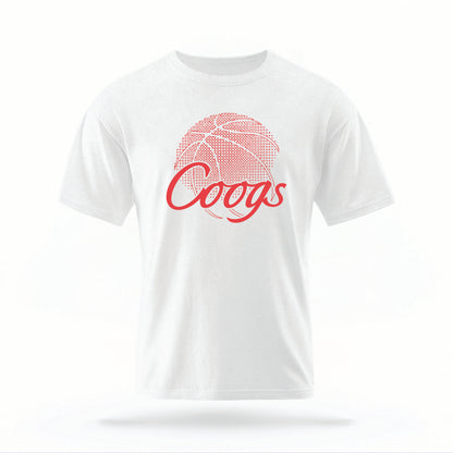 The white Houston Cougars Basketball vintage t-shirt lays flat on a white background. The ﻿Houston Cougars Basketball graphic is in bold red in a scripted font style.