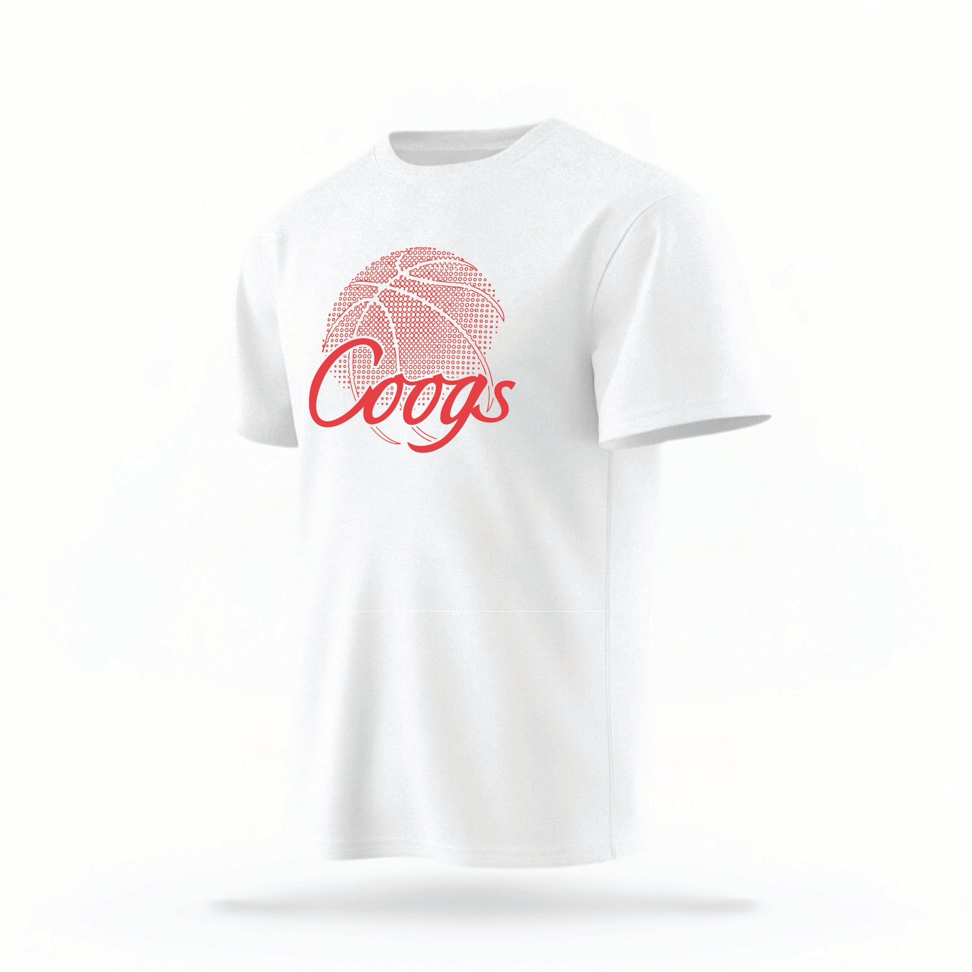 The white Houston Cougars Basketball vintage t-shirt lays flat on a white background. The ﻿Houston Cougars Basketball graphic is in bold red in a scripted font style.