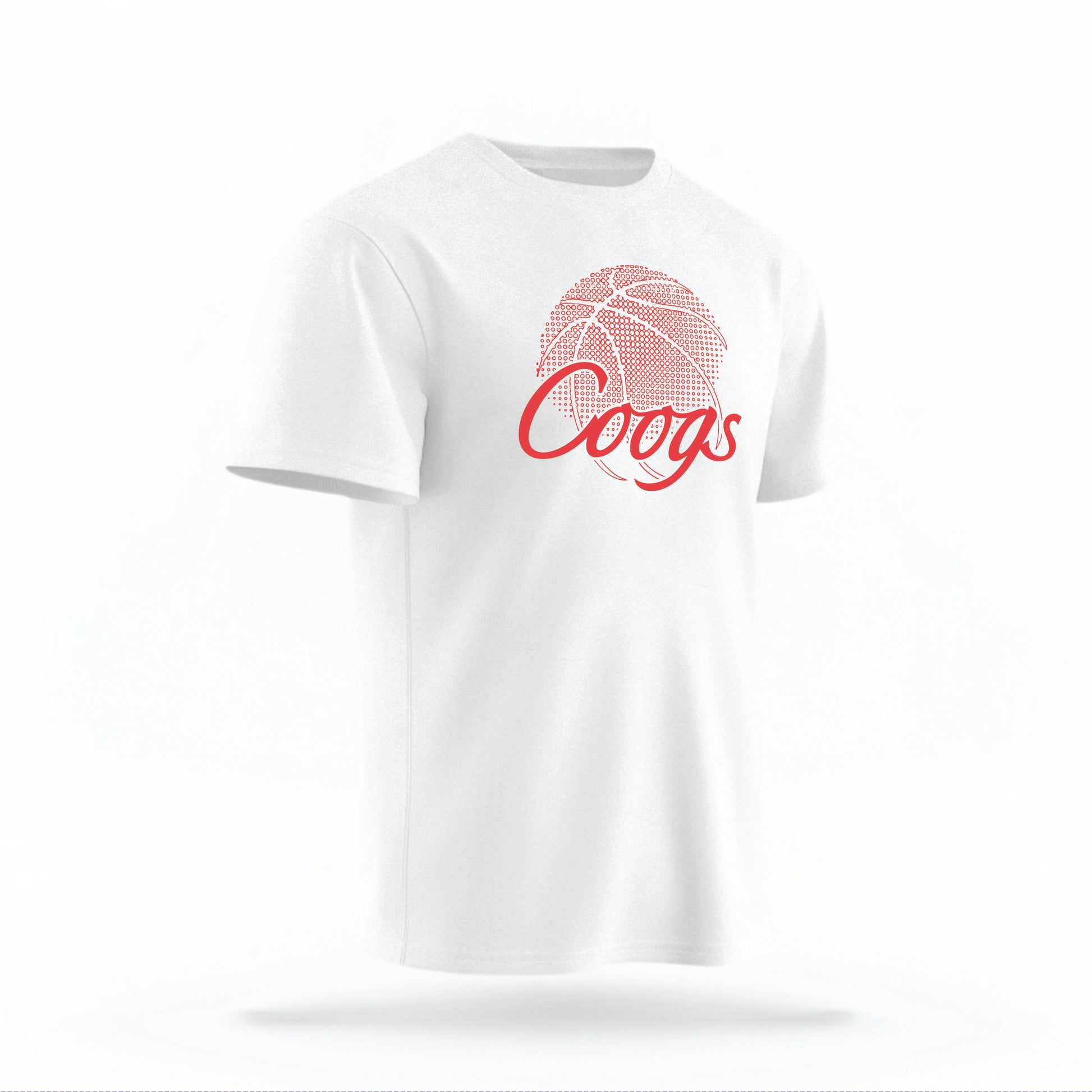 The white Houston Cougars Basketball vintage t-shirt lays flat on a white background. The ﻿Houston Cougars Basketball graphic is in bold red in a scripted font style.