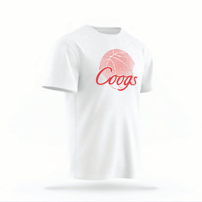 The white Houston Cougars Basketball vintage t-shirt lays flat on a white background. The ﻿Houston Cougars Basketball graphic is in bold red in a scripted font style.