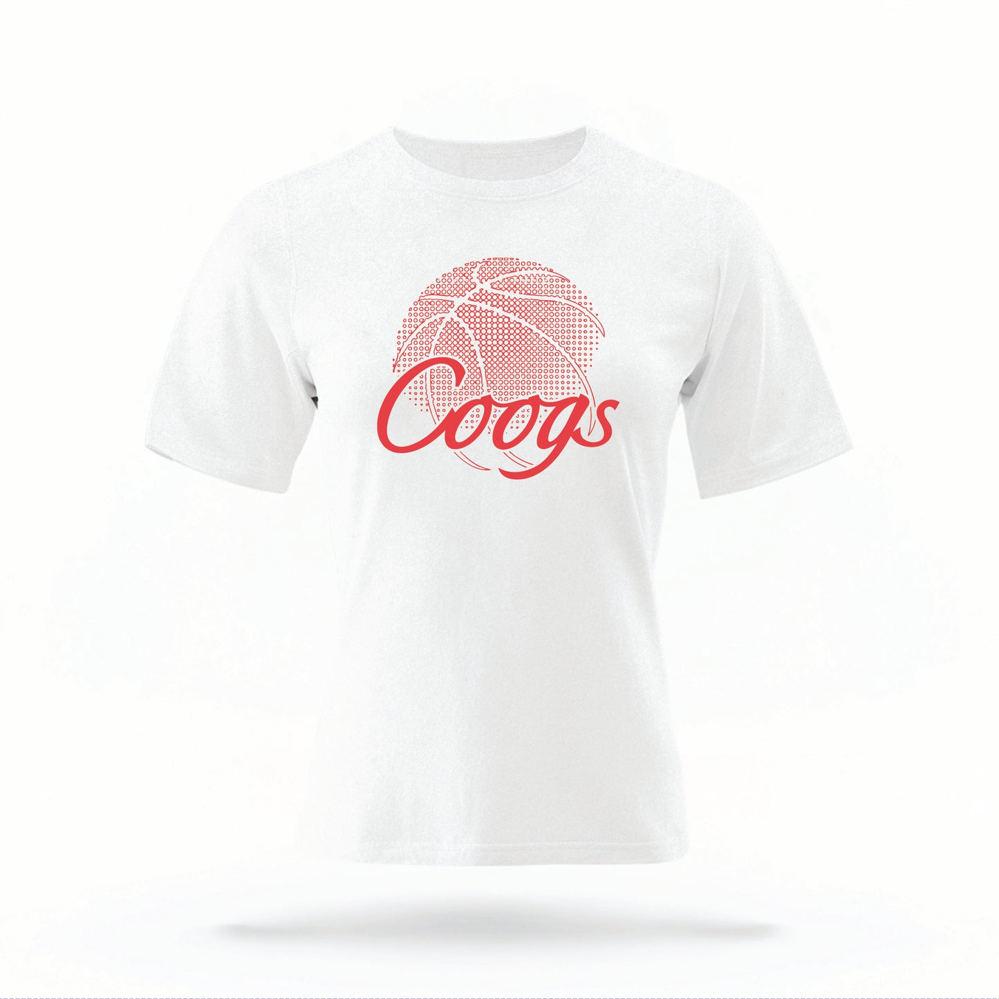 The white Houston Cougars Basketball vintage t-shirt lays flat on a white background. The ﻿Houston Cougars Basketball graphic is in bold red in a scripted font style.