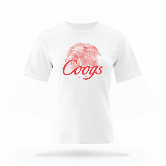 The white Houston Cougars Basketball vintage t-shirt lays flat on a white background. The ﻿Houston Cougars Basketball graphic is in bold red in a scripted font style.