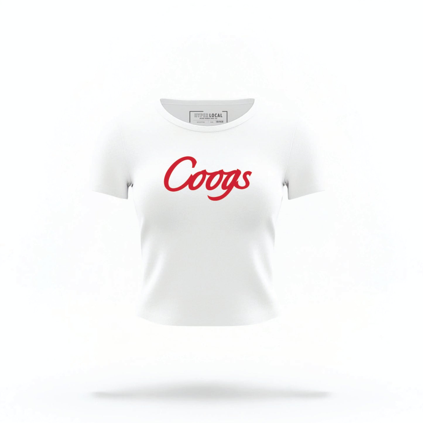 The white Houston Cougars Varsity Crop Top lays flat on a white background. The ﻿Houston Cougars Varsity﻿ graphic is in bold Red in a Collegiate style.