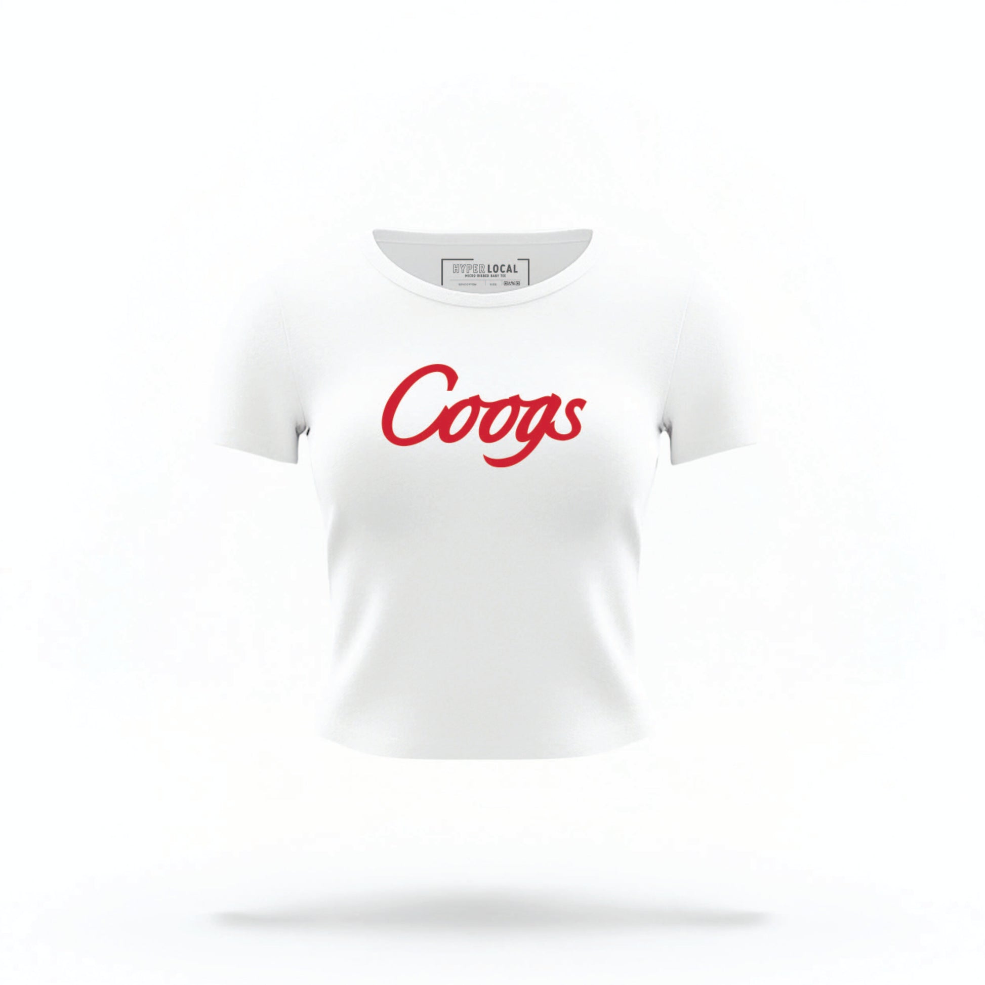 The white Houston Cougars Varsity Crop Top lays flat on a white background. The ﻿Houston Cougars Varsity﻿ graphic is in bold Red in a Collegiate style.