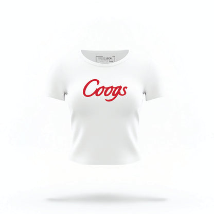 The white Houston Cougars Varsity Crop Top lays flat on a white background. The ﻿Houston Cougars Varsity﻿ graphic is in bold Red in a Collegiate style.