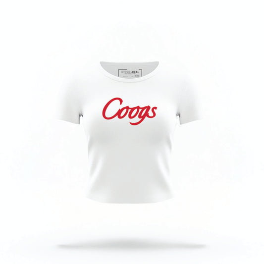 The white Houston Cougars Varsity Crop Top lays flat on a white background. The ﻿Houston Cougars Varsity﻿ graphic is in bold Red in a Collegiate style.