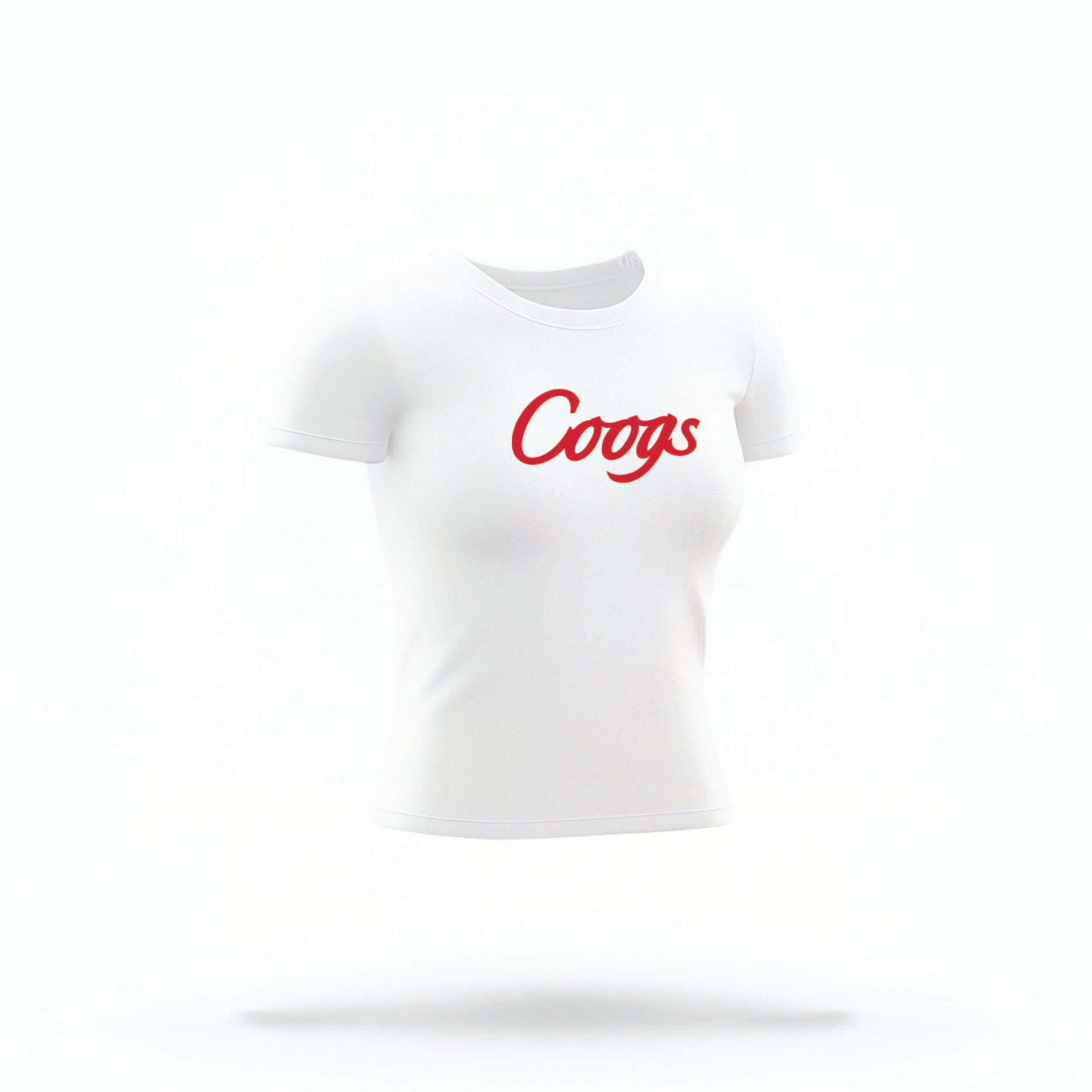 The white Houston Cougars Varsity Crop Top lays flat on a white background. The ﻿Houston Cougars Varsity﻿ graphic is in bold red in a Collegiate style.