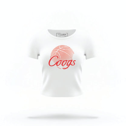 The white Houston Cougars Basketball Crop Top lays flat on a white background. The ﻿Houston Cougars Basketball graphic is in bold red in a scripted font style.