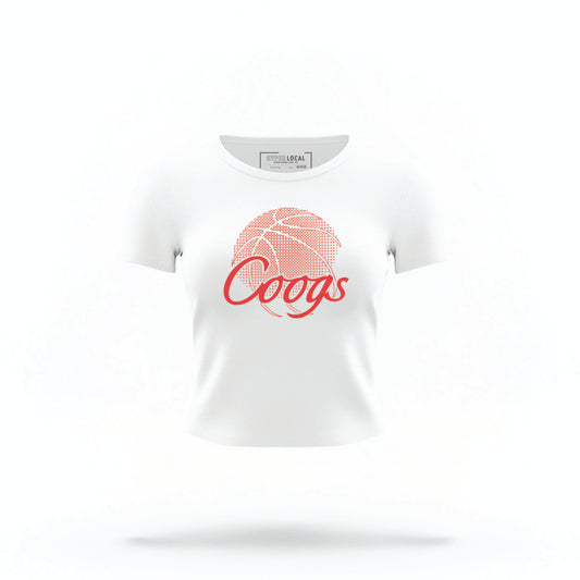 The white Houston Cougars Basketball Crop Top lays flat on a white background. The ﻿Houston Cougars Basketball graphic is in bold red in a scripted font style.