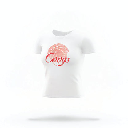 The white Houston Cougars Basketball Crop Top lays flat on a white background. The ﻿Houston Cougars Basketball graphic is in bold red in a scripted font style.