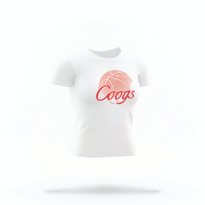 The white Houston Cougars Basketball Crop Top lays flat on a white background. The ﻿Houston Cougars Basketball graphic is in bold red in a scripted font style.