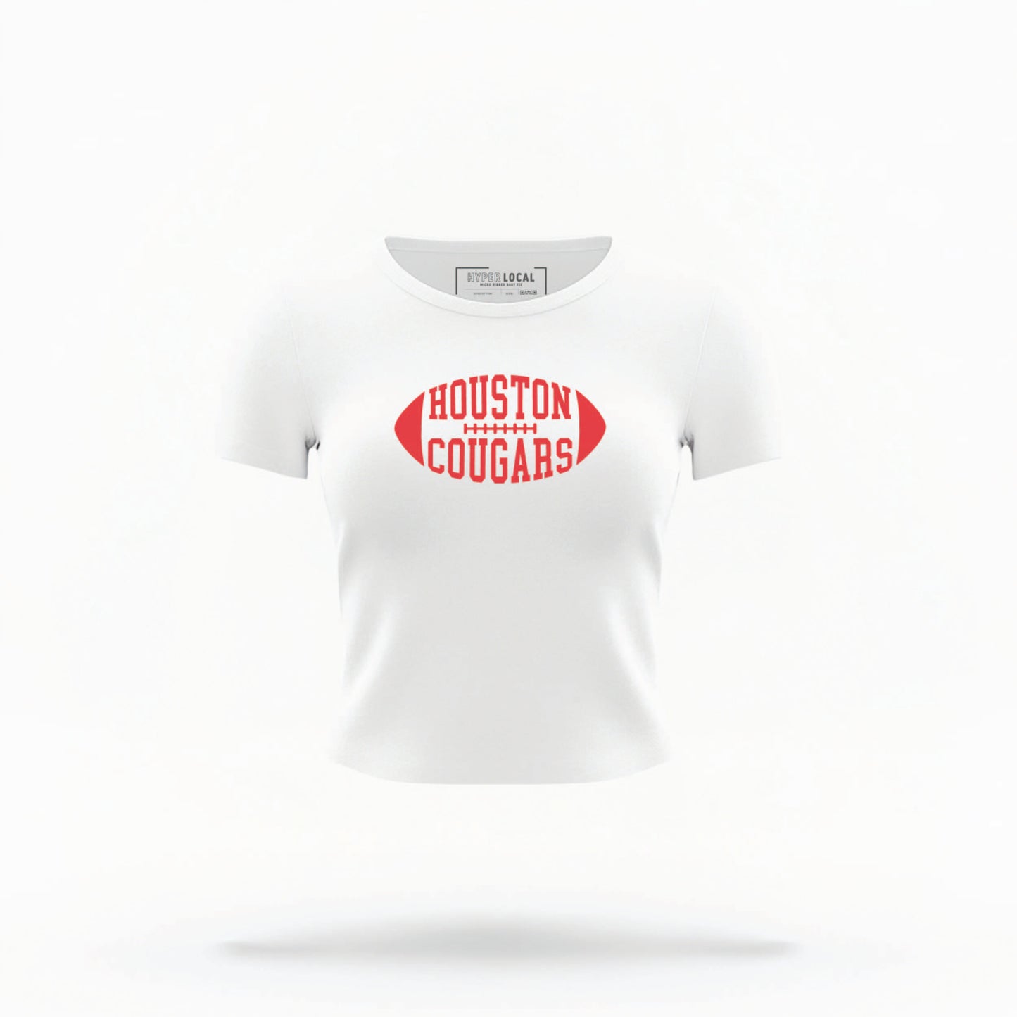 The White Houston Cougars Football Crop Top lays flat on a white background. The Houston Cougars Football graphic is bold Red in a Football-Shaped style.