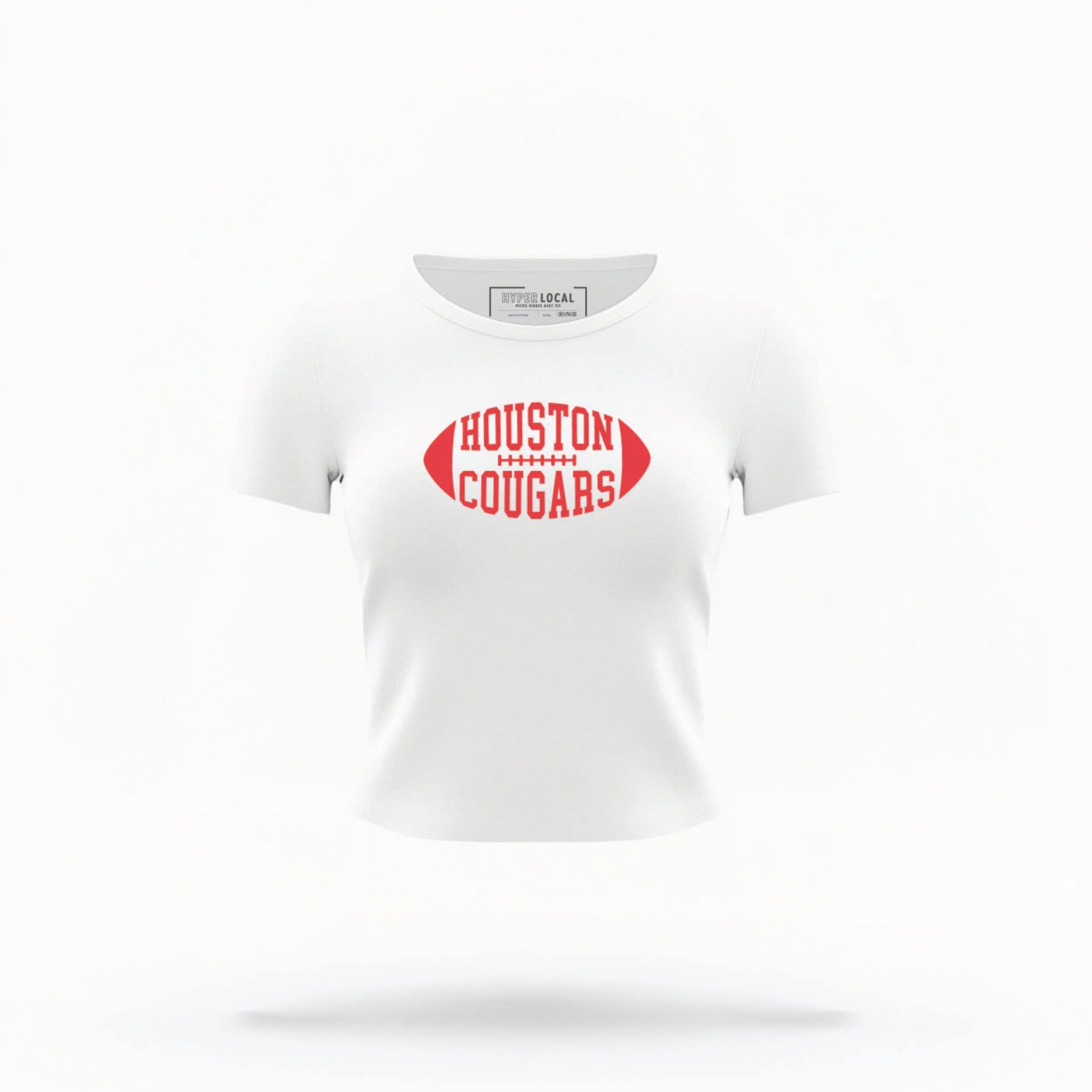 The White Houston Cougars Football Crop Top lays flat on a white background. The Houston Cougars Football graphic is bold Red in a Football-Shaped style.