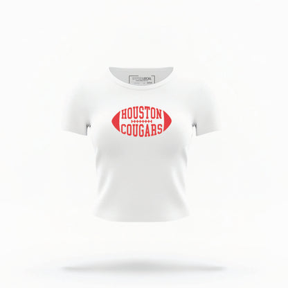 The White Houston Cougars Football Crop Top lays flat on a white background. The Houston Cougars Football graphic is bold Red in a Football-Shaped style.