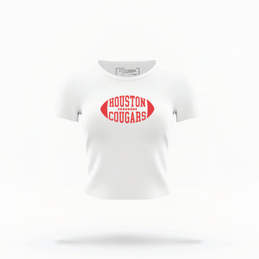 The White Houston Cougars Football Crop Top lays flat on a white background. The Houston Cougars Football graphic is bold Red in a Football-Shaped style.